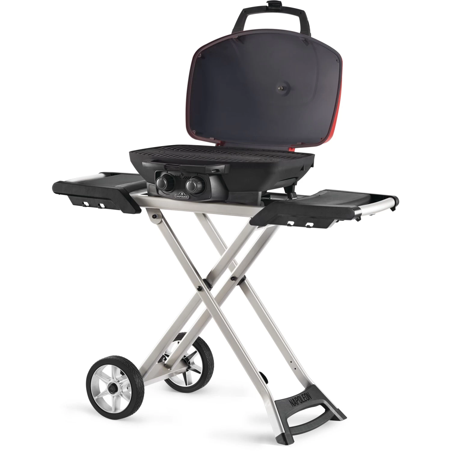 Napoleon TravelQ 285X Portable Propane Gas Grill And Scissor Cart With Griddle - Red - Image 2