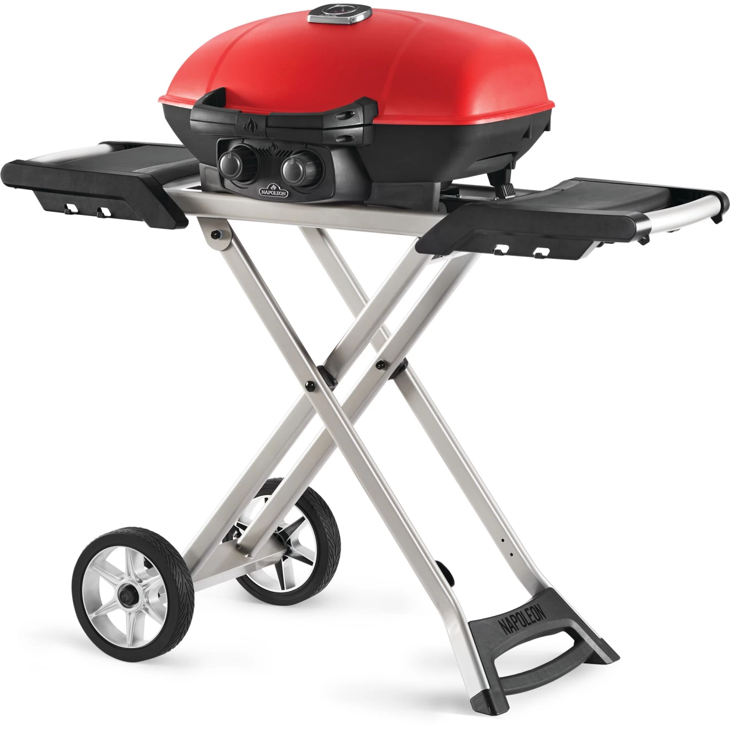 Napoleon TravelQ 285X Portable Propane Gas Grill And Scissor Cart With Griddle - Red